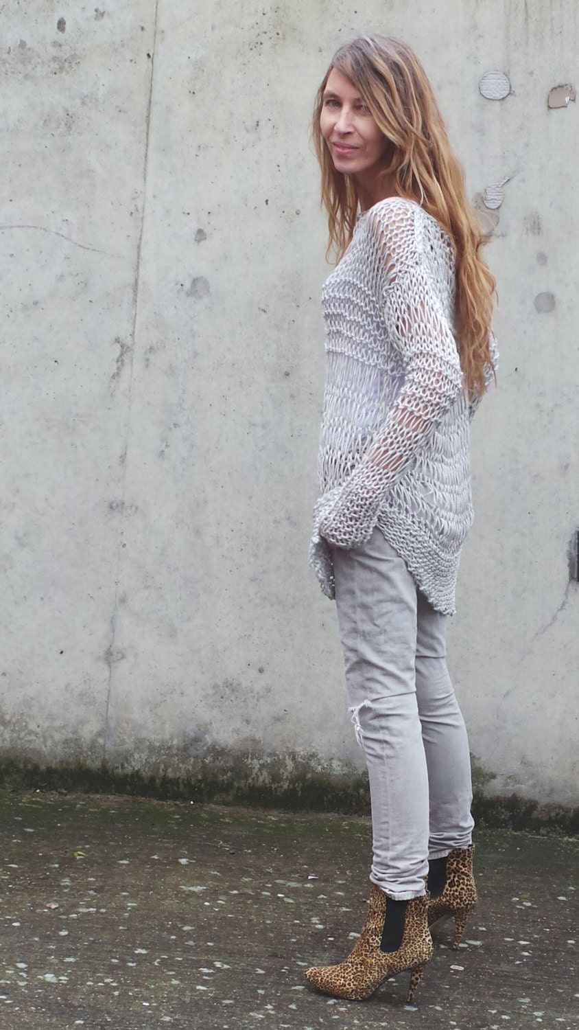 silver sweater silver grunge sweater loose knit Cotton