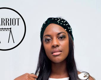 Green velvet headband with pearls