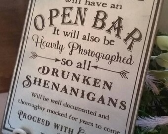 Open Bar Wedding Sign - silver engraved Wedding Sign - Rustic Wedding Decor 12x7