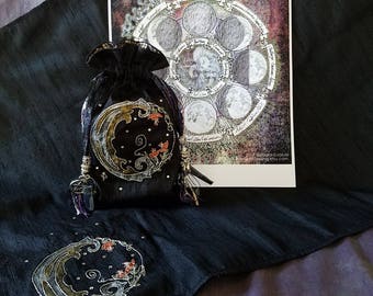 Art Nouveau style Crescent Moon silk Tarot Bag and Spread Cloth set, Lunar Phases + Intention print freebie, choice of colors, silk lined,