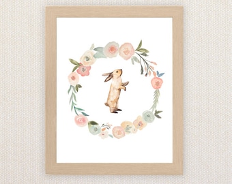 Little Bunny Foo Foo - Children's watercolor art. Floral Wreath with Rabbit. A4 Print