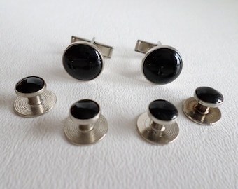 Vintage Pioneer Cuff Links and Tuxedo Studs, Mens Black Silver Finish Cufflinks Shirt Studs, Gift for Him, Wedding Grooms Wear, ID 510437323