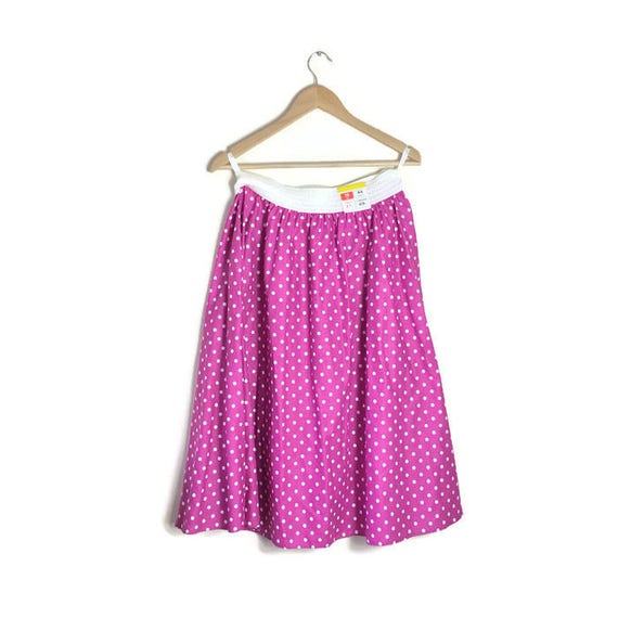 Vintage pink spotty skirt / pink polka dot circle skirt / 80s does 50s pink cotton full skirt / pink 50s style swing skirt / large