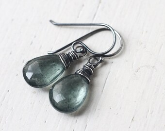 Aquamarine Earrings in Oxidized Sterling Silver, Moss Aquamarine Teardrops