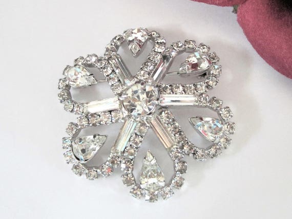 Clear Rhinestone Brooch, Multi Layered Brooch, Large Silver Tone, Flower Pin
