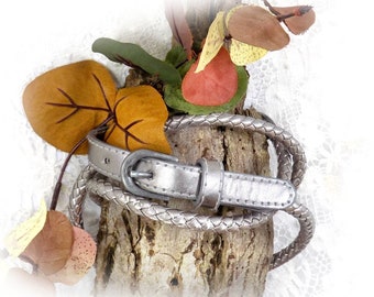 Silver belt - Narrow Silver Belt - Skinny Silver Belt - Thin Belt - waist belt - Vegan belt - Braided belt -waist 34 to 38 inches # B 78