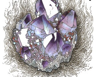 Amethyst crystal digital print, ink and marker illustration