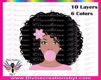 Ms Pink-Women Blowing A Bubble- afro girl blowing a bubble(SVG,DXF,EPS and Silhouette Studio v3 ) Made by me-