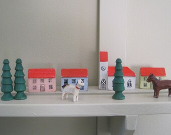 Vintage Erzgebirge Putz Village Painted Wood 1970s Church Houses Horse Sheep Trees Germany