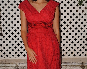 Vintage 1950s Red Bombshell Dress - Rhinestone Bodice & Tiered Lace / red vintage dress/ 1950s wiggle dress / old hollywood bombshell