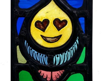 Stained Glass window, Emoji, Leaded, Ready to Hang, 95x138mm (3.75x5.4 inch), Hand painted, Smiley, kaomoji, Emoticon, Love