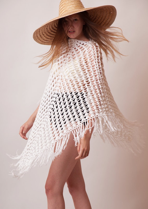 White tunic, poncho with fringes, hand crochet cotton summer boho beach cover up, bohemian clothing, trendy hippie style knit, one size plus