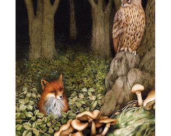 Brown Owl and Fox in forest print.