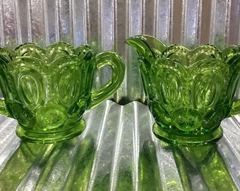 Green Moon and Star Glass Cream and Sugar SET-LE Smith Glass-Depression Glass-Vintage Glass-Green Moon and Star-Green LE Smith