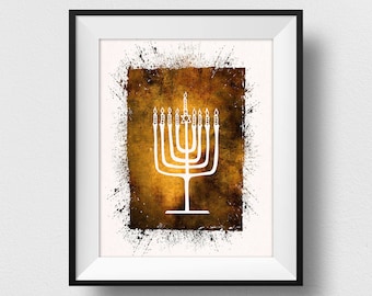 Menorah Print, Hanukkah Print, Jewish Wall Art, Menorah Hanukkah Art, Jewish Candelabrum, Israel Home Decor Theme, Watercolor Menorah (N538)