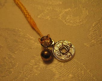 Good Luck and Long Life Amulet Talisman Omamori Charm with Small Gold Bell and Yellow Cord