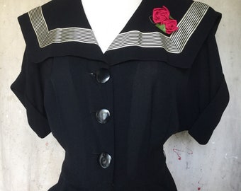 1950s Rayon Crepe Sailor Collar Dress 40 Bust