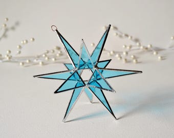 12 Point Moravian Star. Light Blue Star. Stained Glass Star. 6,5"