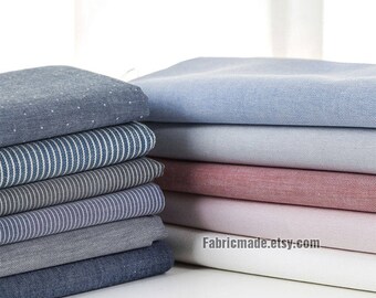 Chambray Oxford Cotton Fabric- Grey Blue Yellow Cotton Fabric, Yarn Dye Stripes Fabric - 1/2 Yard