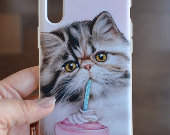 Cat flexi mobile case, kitten flexible phone case, cat with milkshake phone case, soft kitten iphone case, persian cat mobile case, cat case