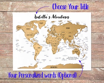 Scratch-off Personalized Map - A World of Adventures! - Golden Scratch-off surface - Watercolor - Large size 17x23.5" - Made in USA
