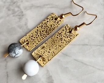 Hammered antiqued brass rectangle earrings with howlite/Semi preciousgold colour l drop earrings/Handmade natural textured dangle earrings