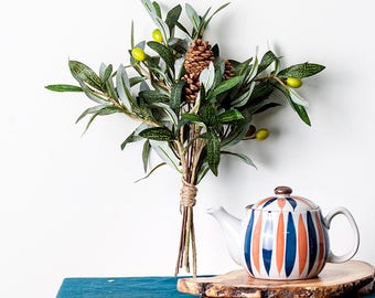 A Bundle of Artificial Olive Branches and Pine Cone Stems / 3 Faux Olive Sprays and 3 Pine Cone Sticks for Centerpiece