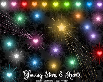 Glowing Stars and Hearts Clipart, valentine clipart, gold star clip art graphics, sparkling star trails, shooting star instant download