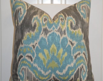 Decorative Pillow Cover - Teal Blue - Kiwi Green - Tashkent IKAT Pillow - Gray - sofa Pillow - Chair Pillow