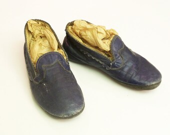 Beautiful Little Blue Leather Antique Handmade Child's Shoes