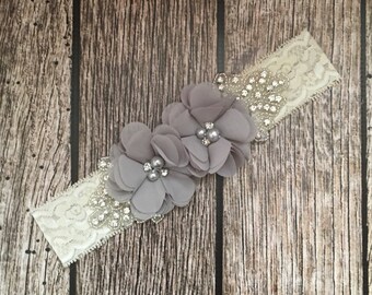 Grey headband, rhinestone headband, flower girl headband, vintage headband, lace headband, rhinestone and pear, flower girl