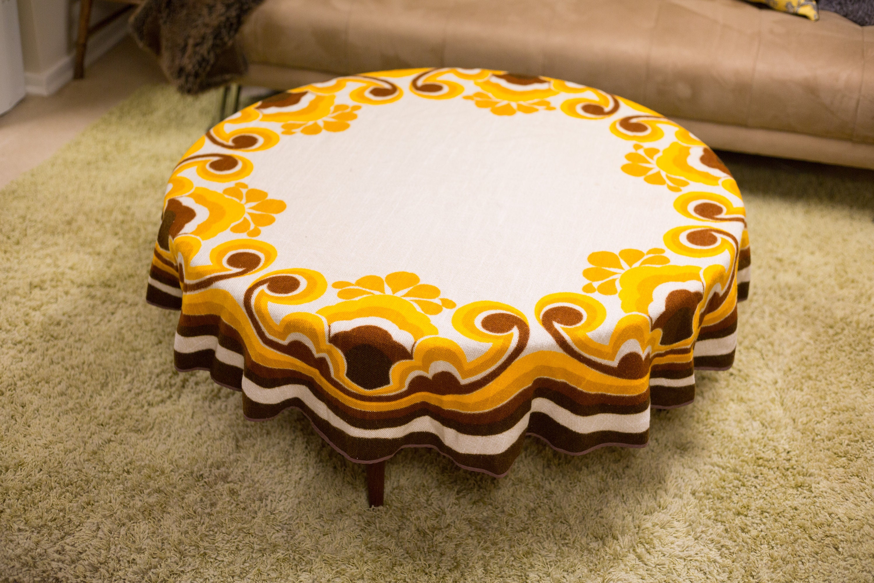 Vintage Round Tablecloth 1960 S Yellow Cream Brown Ornate Mid Vintage Round Tablecloth 1960 S Yellow Cream Brown Ornate Mid Century Modern Scandinavian Circular Geometric Style Linen Fabric Tapestry