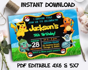 Pokemon Invitation Instant Download, Pokemon Invitation Editable, Pokemon PDF Editable, Pokemon Editable Template, Pokemon Birthday Card