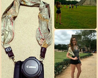Camera scarf strap personalized monogrammed! Made with Tim Holtz Expedition fabric