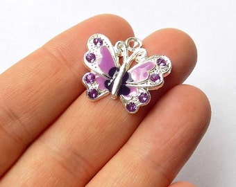5 Purple Enamel Rhinestone Crystal Butterfly Charms Pendant - #E0025