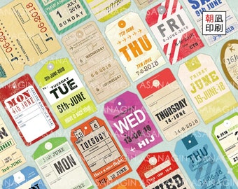 June 2018 ver : Printable journal date sheet, vintage tag design, for journaling, collage, paper crafting! Travel tag, luggage tag