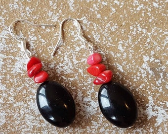 Earrings Coral Red and onyx 925 silver earrings coral red and onyx earrings