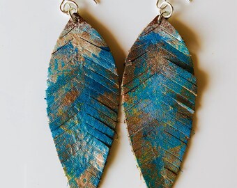 Bohemain Earrings, Feather Earrings, Leather Earrings, Handmade Earrings, Hand painted earrings, Dangle Earrings, Earrings, Boho Earrings