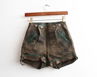 Vintage 1960s Old Bavarian Suede Shorts Leather Austrian Rusty Aged Shorts High Waist Antique Clothing