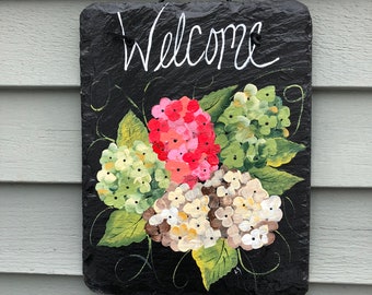 Hydrangeas Slate Welcome sign, Summer door decor, Outdoor Summer decor, Hydrangeas, Spring door hanger, Front Door decoration, door sign