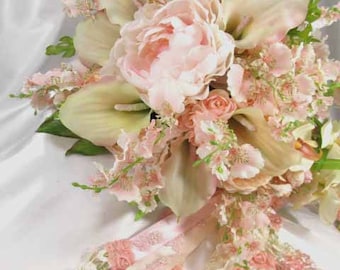 Blush Pink and Ivory Orchid, Calla Lily, and Peony Large Cascading Beaded Bridal Bouquet ready to ship