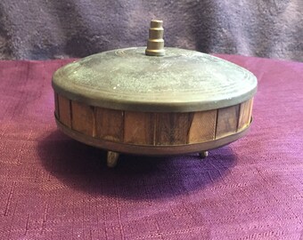 Antique Footed Brass Bowl with Lid Rustic Dish Wood Slats on Dish Site Bronze? Brass? - USA Shipping is on Us at Everything Vintage!