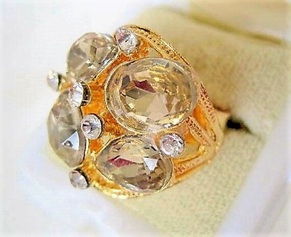Cocktail Ring, Smokey Gray Glass Cabochons, Size 8 Adjustable, Gold Tone Setting
