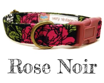 Vintage Inspired Collar - Floral Roses Dog Collar - Girl Dog Collar - Shabby Chic Dog Collar - Antique Metal Hardware - "Rose Noir"