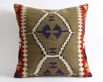 20x20 kilim cushion, green wool pillow, bohemian decor, green kilim cushion cover, vintage kilim, pillow covers, aztec pillow, anatolian