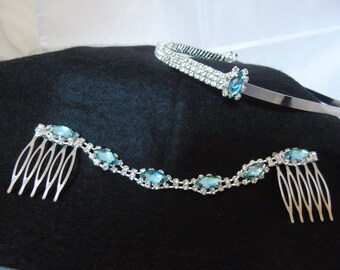 Wedding headband and side combs set set in Ice Blue stones