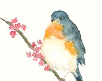 Bird Watercolor Original Artwork Blue Orange Bird
