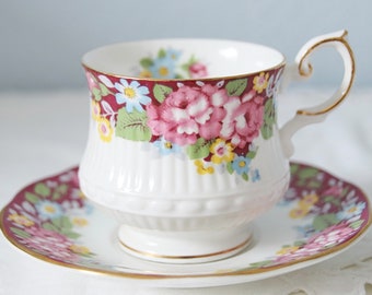 Vintage Queens Rosina 'Oxford' Bone China Cup and Saucer, Colorful Flower Decor, England