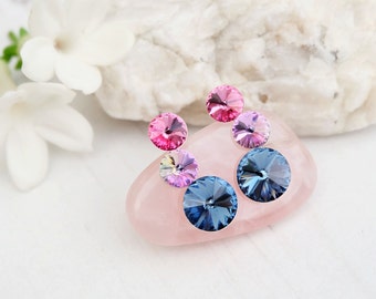 Rose pink denim blue Swarovski crystal earrings bridesmaid wedding Swarovski jewellery Sterling Silver stud earrings 3 Rivoli earring