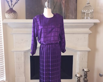 Vintage Purple Square Patterned Pleated Secretary Dress ~ Size 12